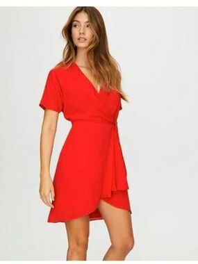 Aritzia Babaton Wallace V-neck Short Sleeve Crossover Wrap Mini Dress, Flame, M